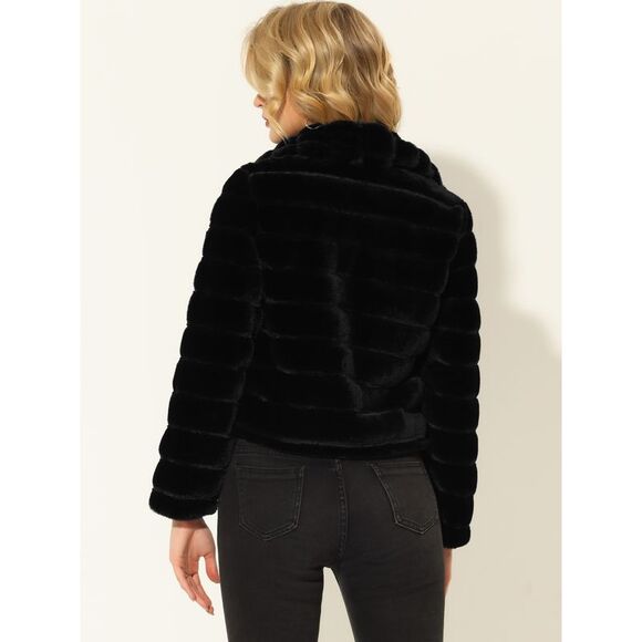 Faux Fur Fluffy Coat Collar Warm Winter Outwear Cropped Jacket Black - Picture 4 of 6